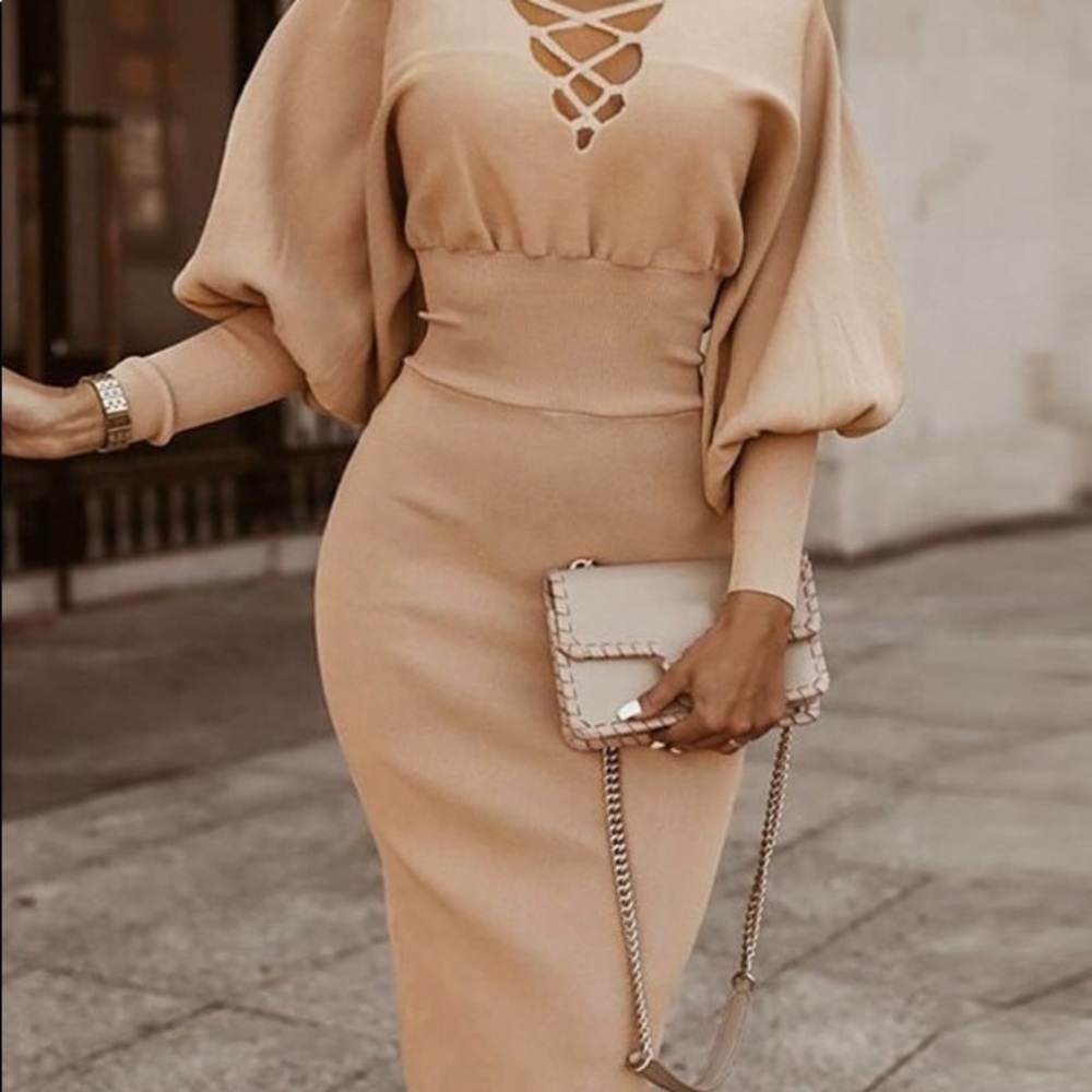 Lace-up Front Lantern Sleeve Knit Dress